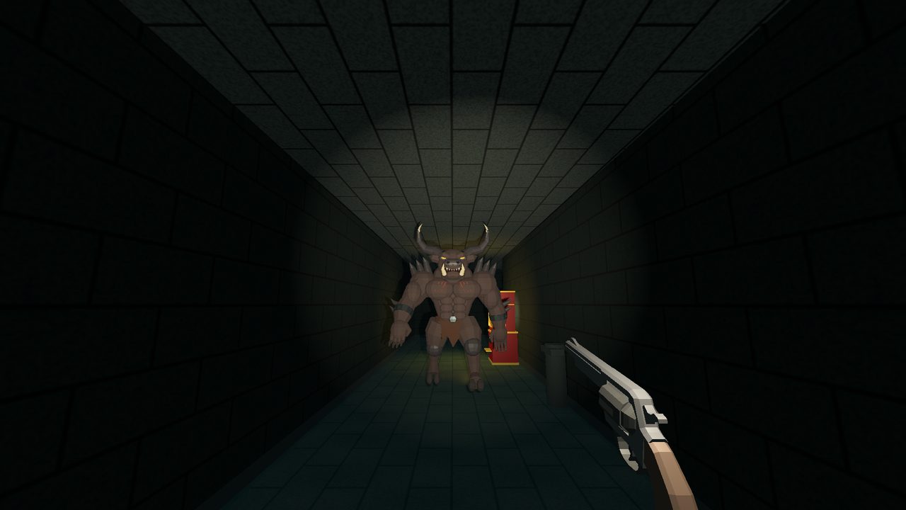 Hunt or be Hunted: a survivor aims a revolver at the charging Minotaur