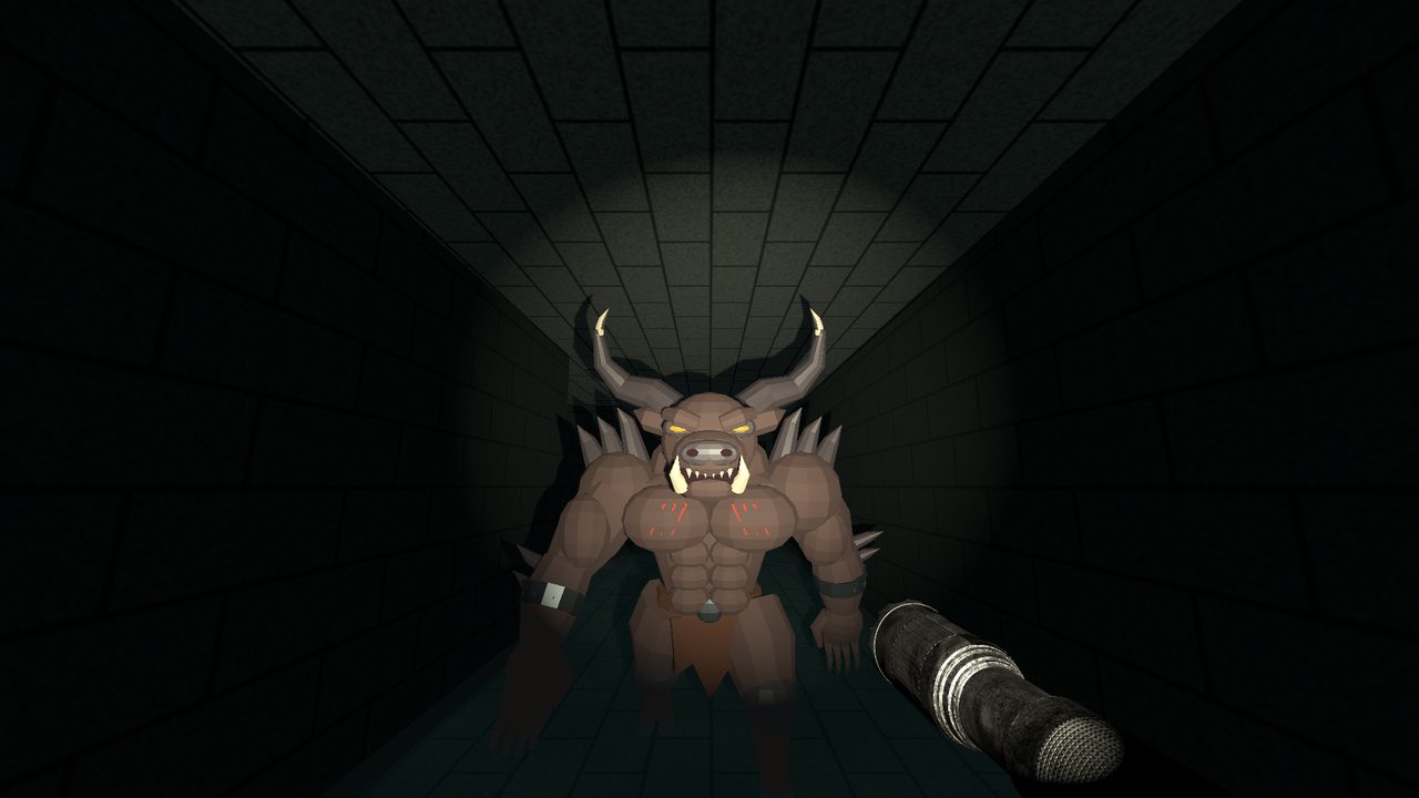 The Minotaur caught in the flashlight beam